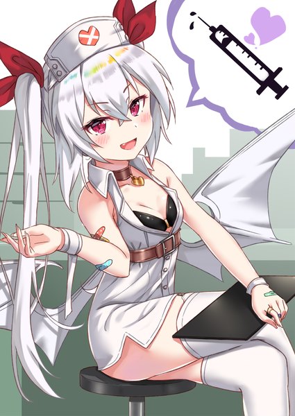 Anime picture 1003x1416 with azur lane vampire (azur lane) vampire (little devil in white) (azur lane) tsukiman single long hair tall image blush fringe breasts open mouth light erotic hair between eyes sitting twintails :d pink eyes fang (fangs) sleeveless crossed legs