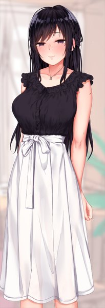 Anime picture 1405x4096 with original miyamae shiho (jack dempa) jack dempa single long hair tall image looking at viewer blush fringe breasts black hair smile large breasts standing purple eyes payot indoors pleated skirt mole sweat