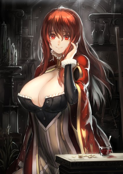 Anime picture 599x848 with maoyuu maou yuusha arms corporation maou (maoyuu) ryuuzaki ichi single long hair tall image looking at viewer fringe breasts light erotic smile hair between eyes red eyes standing payot cleavage red hair indoors sunlight