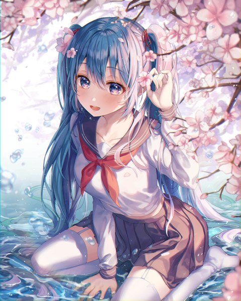 Anime-Bild 4000x5000 mit vocaloid hatsune miku aibek single tall image looking at viewer blush fringe highres open mouth blue eyes smile hair between eyes sitting twintails blue hair absurdres long sleeves very long hair :d