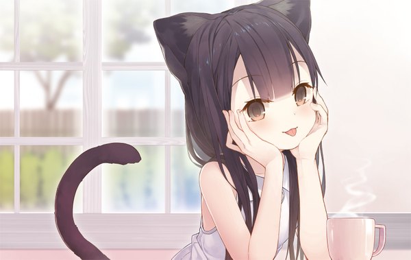 Anime picture 1500x949 with original tokuno yuika single long hair looking at viewer blush fringe black hair brown eyes animal ears upper body indoors tail animal tail cat ears cat girl cat tail :p steam hands on face