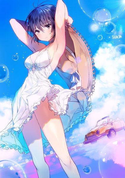 Anime picture 700x1000 with original sorolp single tall image looking at viewer blush fringe short hair black hair hair between eyes standing signed sky cleavage cloud (clouds) ahoge wind black eyes sunlight arms up