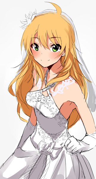 Anime picture 2203x4092 with idolmaster idolmaster (classic) hoshii miki kurokin single long hair tall image blush highres blonde hair smile standing green eyes ahoge hair flower girl dress gloves hair ornament flower (flowers)