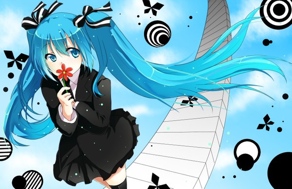 Anime picture 1500x975 with vocaloid saihate (vocaloid) hatsune miku aosane single long hair fringe blue eyes hair between eyes twintails blue hair from above covered mouth girl thighhighs flower (flowers) ribbon (ribbons) black thighhighs hair ribbon necktie