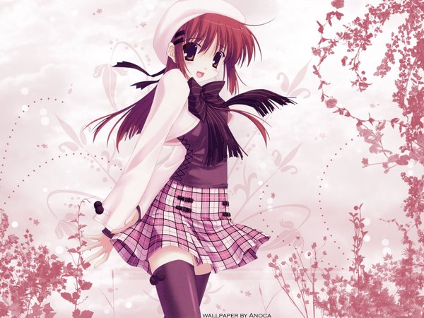 Anime picture 1600x1200 with da capo shirakawa kotori nanao naru single long hair looking at viewer blush fringe open mouth brown hair standing brown eyes long sleeves wind plaid skirt happy girl thighhighs skirt black thighhighs