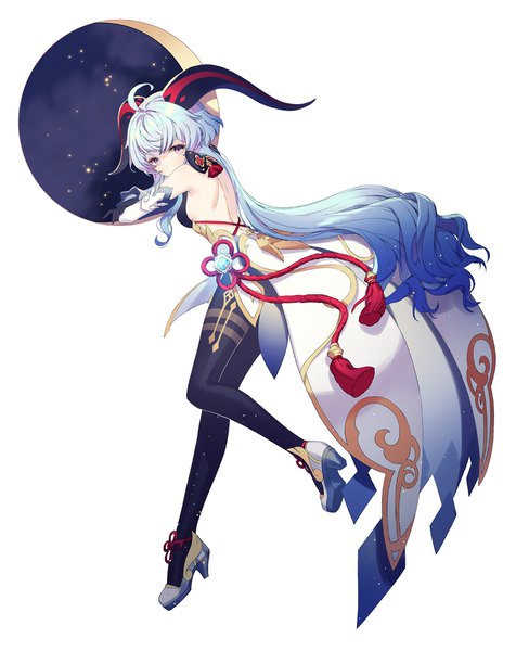 Anime picture 955x1205 with genshin impact ganyu (genshin impact) rarumi single tall image looking at viewer fringe simple background hair between eyes white background purple eyes blue hair full body ahoge very long hair horn (horns) night night sky back bare back