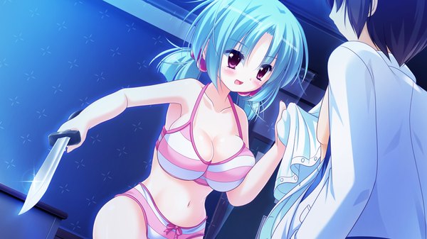 Anime picture 1024x576 with harumade kururu blush short hair breasts open mouth light erotic red eyes wide image blue hair game cg underwear only girl boy navel underwear panties knife