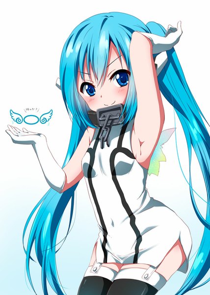 Anime picture 800x1122 with sora no otoshimono nymph (sora no otoshimono) ragho no erika single long hair tall image looking at viewer blush fringe blue eyes light erotic simple background smile white background twintails blue hair armpit (armpits) outstretched arm adjusting hair girl