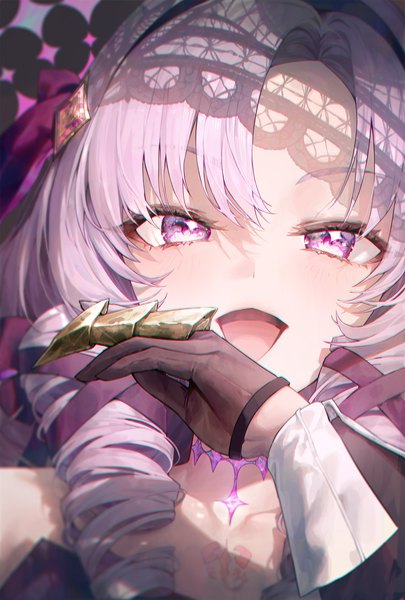 Anime picture 1391x2062 with virtual youtuber nijisanji hyakumantenbara salome ttutto single long hair tall image looking at viewer open mouth purple eyes purple hair upper body :d drill hair shaded face hand to mouth girl gloves black gloves