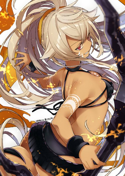 Anime picture 1450x2048 with merc storia sakyura (merc storia) sogawa single tall image light erotic simple background blonde hair smile white background signed payot looking away ponytail very long hair looking back from behind tattoo spread arms arched back
