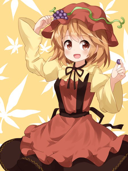 Anime picture 1000x1333 with touhou aki minoriko ruu (tksymkw) single tall image looking at viewer blush fringe short hair open mouth blonde hair simple background smile standing brown eyes long sleeves :d wide sleeves yellow background girl