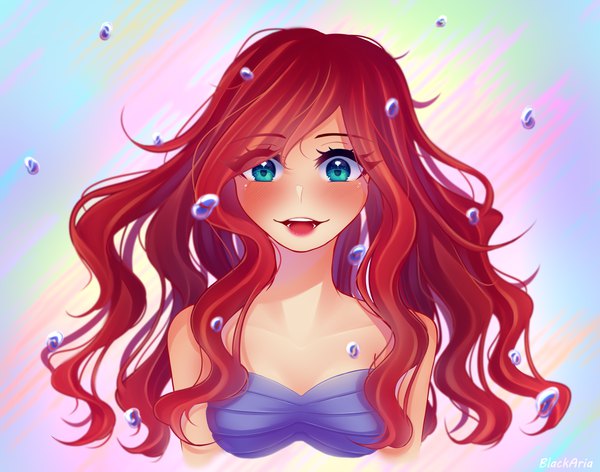 Anime picture 3340x2628 with the little mermaid disney ariel alterka single long hair looking at viewer blush fringe highres breasts open mouth blue eyes smile absurdres red hair wavy hair girl bubble (bubbles)