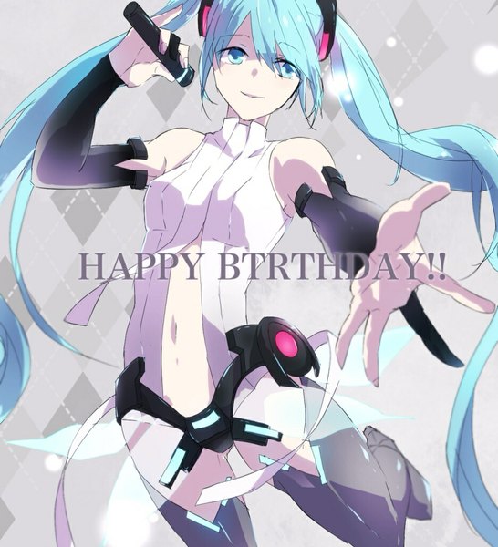 Anime picture 936x1029 with vocaloid vocaloid append hatsune miku hatsune miku (append) or i single tall image smile twintails bare shoulders looking away very long hair aqua eyes aqua hair grey background outstretched arm happy birthday 2014 girl detached sleeves