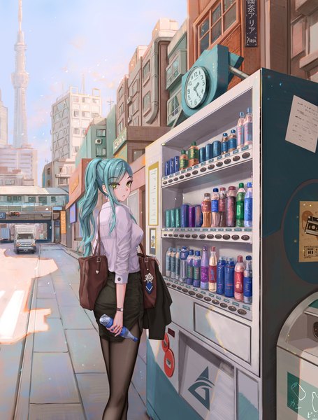 Anime picture 1518x2000 with bang dream! hikawa sayo yuzuriha (artist) single long hair tall image looking at viewer fringe breasts standing holding green eyes sky outdoors ponytail hair over one eye aqua hair city hieroglyph cityscape