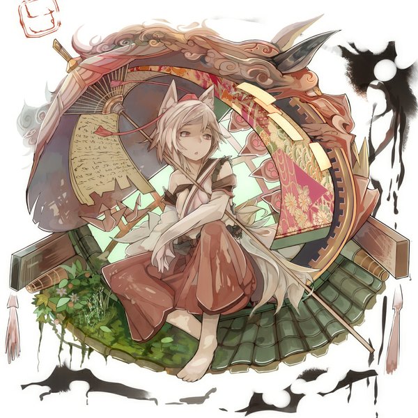 Anime picture 1000x1000 with touhou inubashiri momiji shisu (binzo3) single red eyes white hair barefoot wolf ears wolf tail girl plant (plants) umbrella tokin hat scroll origami