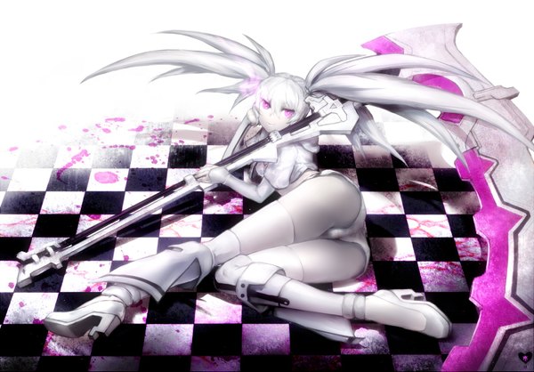 Anime picture 1600x1115 with black rock shooter white rock shooter unkai tenshi long hair light erotic twintails ass white hair pink eyes glowing glowing eye (eyes) checkered floor girl scythe