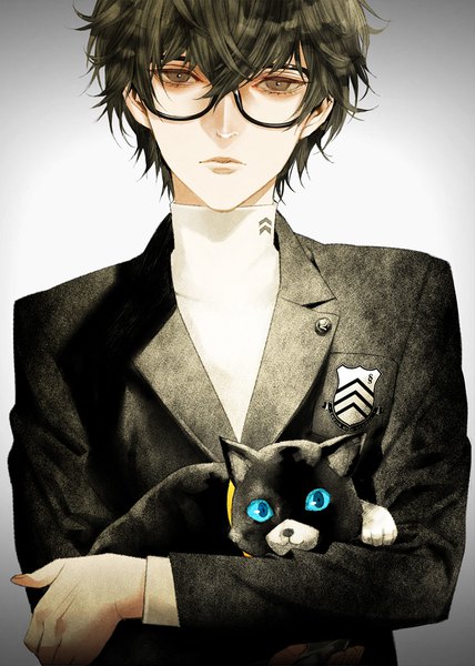 Anime picture 713x1000 with persona 5 persona amamiya ren morgana (persona 5) kiyohara hiro single tall image looking at viewer fringe short hair black hair simple background hair between eyes holding brown eyes upper body grey background boy animal glasses