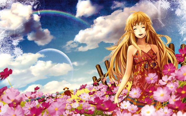 Anime picture 4371x2730 with original siro single long hair highres blonde hair smile sky cloud (clouds) eyes closed wallpaper happy girl flower (flowers) sundress rainbow