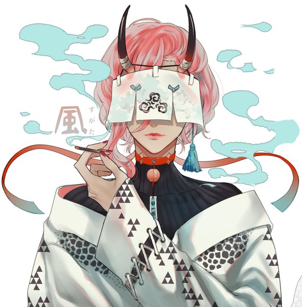 Anime picture 1500x1524 with original sugsusug single tall image short hair white background pink hair upper body nail polish horn (horns) lips smoke covering eye (eyes) boy cigarette single earring