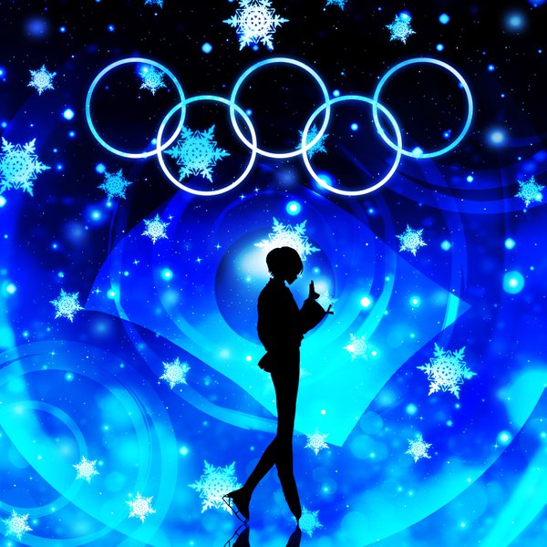 Anime picture 1499x1499 with original harada miyuki single short hair simple background full body profile reflection silhouette boy snowflake (snowflakes) flag japanese flag skates