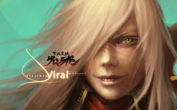 Anime picture 1680x1050 with tengen toppa gurren lagann gainax viral nagare-boshi (artist) single long hair fringe wide image white hair hair over one eye realistic teeth scar close-up face sharp teeth animal eyes boy choker