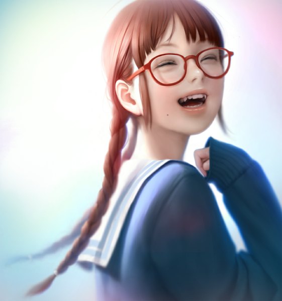 Anime picture 963x1029 with original mujiha (mlog) single long hair tall image blush fringe open mouth smile brown hair braid (braids) eyes closed blurry realistic mole teeth twin braids happy ^ ^ mole under mouth