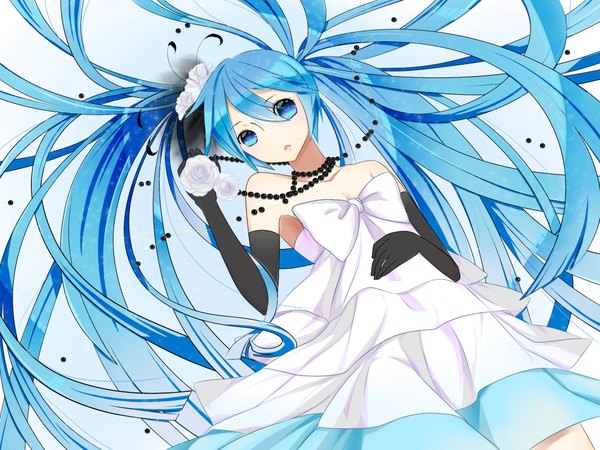 Anime picture 2000x1500 with vocaloid hatsune miku kyuri tizu long hair highres twintails aqua eyes aqua hair girl dress gloves flower (flowers) bow elbow gloves white dress rose (roses) necklace white rose