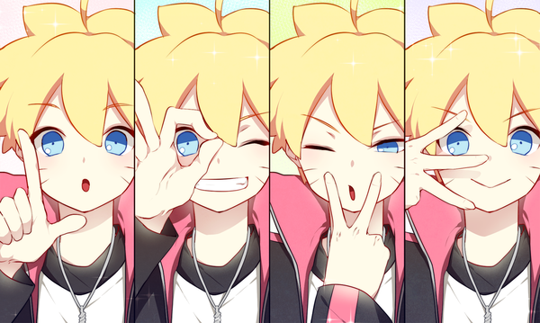 Anime picture 1400x839 with boruto studio pierrot naruto (series) uzumaki boruto nipye looking at viewer fringe short hair open mouth blue eyes simple background blonde hair smile hair between eyes wide image ahoge one eye closed wink :o grin