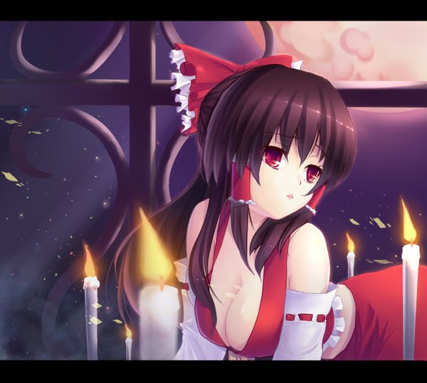 Anime picture 1280x1150 with touhou hakurei reimu yuki (rose snow) single long hair breasts black hair red eyes looking away night red moon girl skirt bow hair bow detached sleeves skirt set candle (candles)