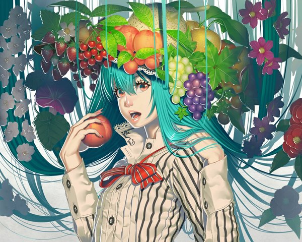 Anime picture 1000x800 with touhou hinanawi tenshi ogino (oginogino) single long hair looking at viewer open mouth red eyes aqua hair girl flower (flowers) hat food bowtie fruit berry (berries) strawberry cherry grapes peach