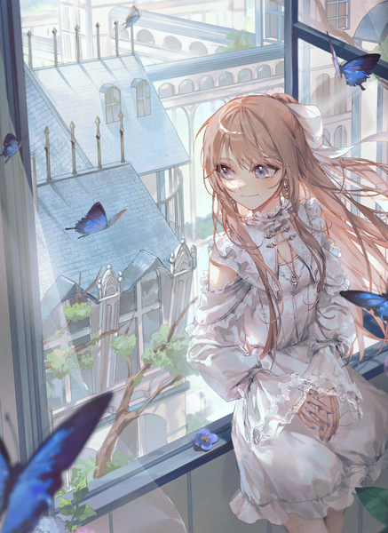 Anime picture 1737x2383 with original kellymonica02 single long hair tall image blush fringe highres blue eyes smile brown hair standing looking away indoors long sleeves nail polish fingernails wind blurry girl