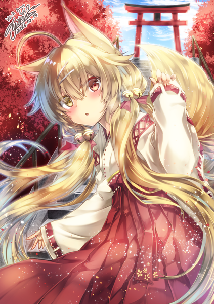 Anime picture 728x1032 with original yuihira asu (sorairo as) single tall image looking at viewer blush fringe blonde hair hair between eyes twintails brown eyes signed animal ears yellow eyes sky cloud (clouds) ahoge outdoors tail long sleeves