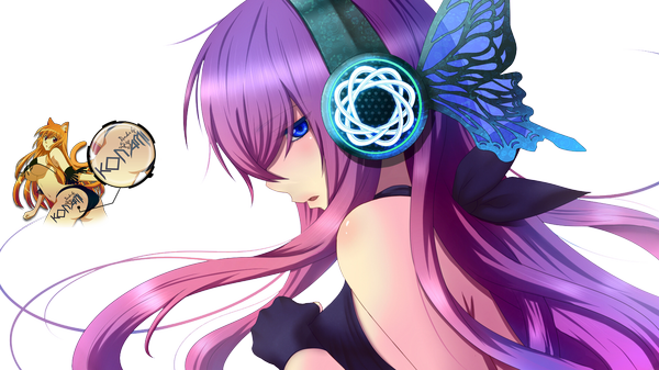 Anime picture 1500x844 with vocaloid megurine luka konamixx (artist) single long hair blush blue eyes wide image bare shoulders pink hair transparent background rendered girl gloves headphones