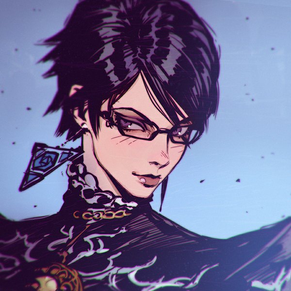 イラスト 900x900 と ベヨネッタ ベヨネッタ2 bayonetta (character) イリヤ・クブシノブ ソロ 赤面 前髪 短い髪 紫目 looking away purple hair 風 lips lipstick gradient background portrait eyeshadow makeup purple background spiked hair