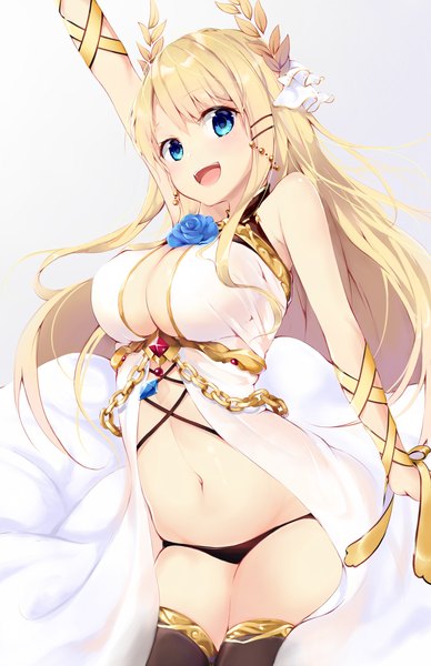 Anime picture 1100x1700 with azur lane victorious (azur lane) t-bth single long hair tall image looking at viewer blush fringe breasts open mouth blue eyes light erotic simple background blonde hair smile hair between eyes large breasts standing white background