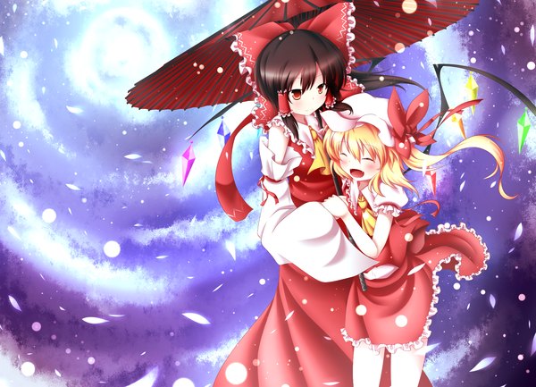 Anime picture 1800x1300 with touhou hakurei reimu flandre scarlet dark495 long hair blush highres short hair open mouth black hair blonde hair smile red eyes multiple girls ponytail eyes closed teeth fang (fangs) one side up holding hands