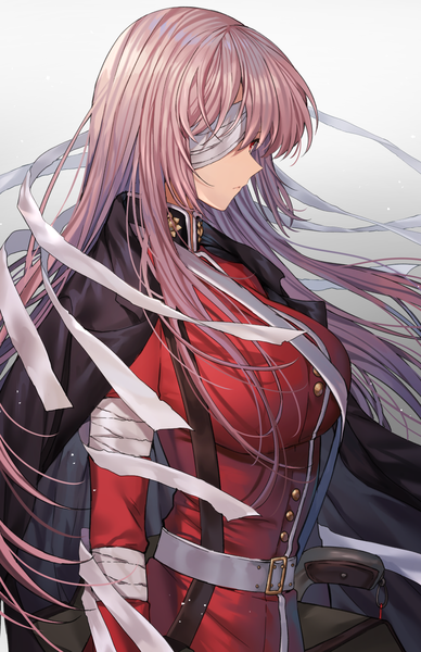 Anime picture 916x1416 with fate (series) fate/grand order florence nightingale (fate) gambe single long hair tall image fringe breasts simple background red eyes large breasts looking away pink hair profile bandage over one eye girl uniform belt cape