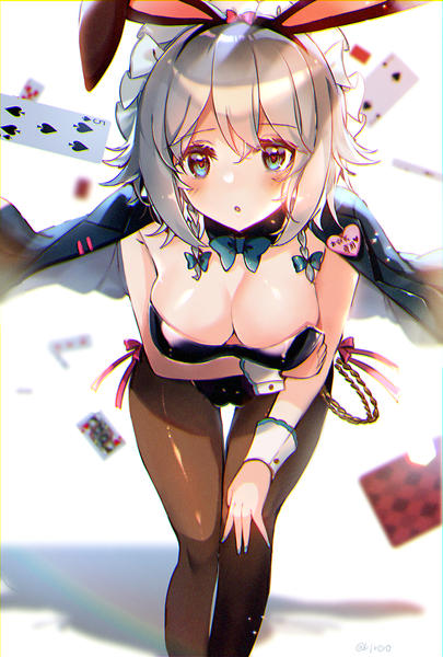 Anime picture 800x1184 with touhou izayoi sakuya kirero (pixiv) single tall image looking at viewer blush fringe short hair breasts open mouth blue eyes light erotic hair between eyes standing signed animal ears payot cleavage braid (braids)