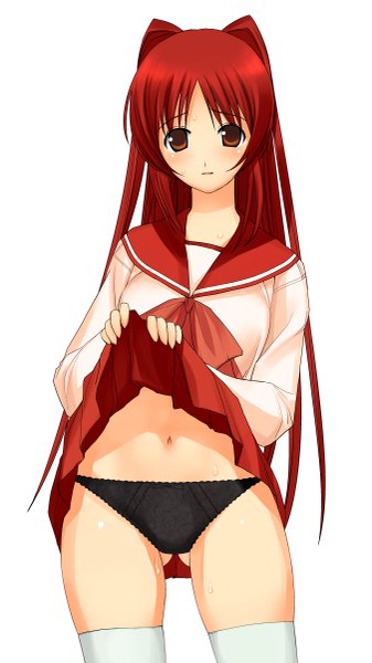 Anime picture 1349x2400 with to heart 2 leaf (studio) kousaka tamaki a1 single long hair tall image blush light erotic simple background red eyes white background red hair skirt lift girl thighhighs navel underwear panties white thighhighs