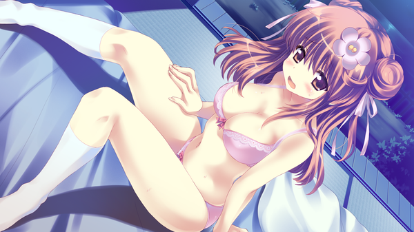 Anime picture 1280x720 with hoshi no ouji-kun amanatsu purin qp:flapper long hair blush open mouth light erotic brown hair wide image brown eyes game cg hair flower underwear only girl hair ornament underwear panties socks white socks