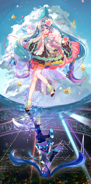 Anime picture 2042x4096 with vocaloid magical mirai (vocaloid) hatsune miku magical mirai miku magical mirai miku (2021) kikinoki tall image looking at viewer fringe highres hair between eyes standing twintails sky cloud (clouds) very long hair aqua eyes aqua hair standing on one leg reflection