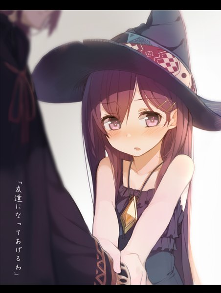 Anime picture 1131x1500 with original hitoshi long hair tall image blush brown hair brown eyes looking away loli letterboxed solo focus witch girl dress boy hair ornament hat necktie black dress witch hat