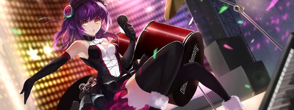 Anime picture 1890x709 with original swd3e2 single long hair looking at viewer highres open mouth wide image purple hair orange eyes girl thighhighs dress gloves black thighhighs black gloves elbow gloves microphone