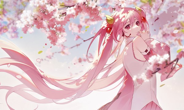 Anime picture 4936x2956 with vocaloid hatsune miku sakura miku kanvien single fringe highres hair between eyes wide image twintails pink hair absurdres very long hair pink eyes wind depth of field cherry blossoms girl flower (flowers) detached sleeves