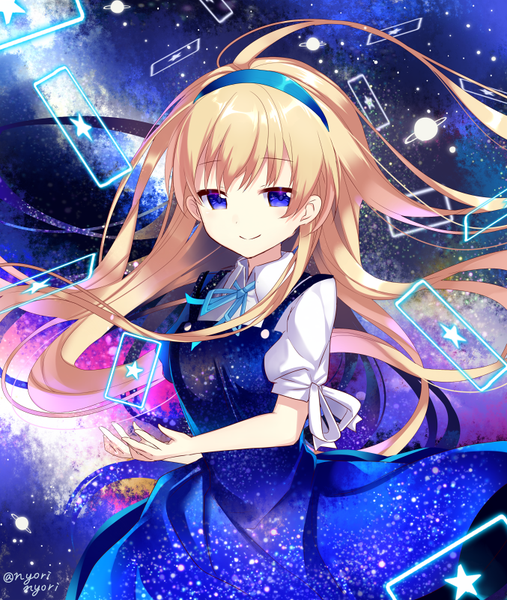 Anime picture 677x800 with original nyori single long hair tall image looking at viewer fringe blue eyes blonde hair smile signed ahoge floating hair space starry sky print milky way girl dress ribbon (ribbons) bow