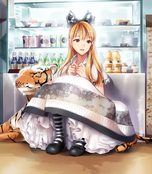 Anime picture 900x1031 with original songmil long hair tall image open mouth blonde hair sitting brown eyes girl dress bow hair bow animal tiger