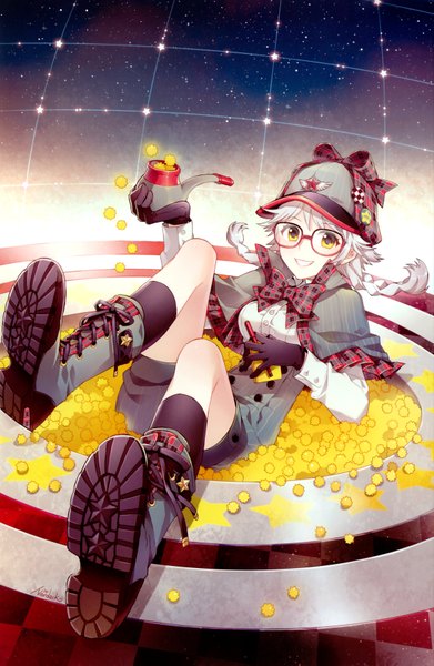 Anime picture 2276x3492 with sherlock holmes nardack single tall image highres smile yellow eyes white hair braid (braids) twin braids cosplay girl gloves bow hat glasses shorts star (symbol) star (stars)