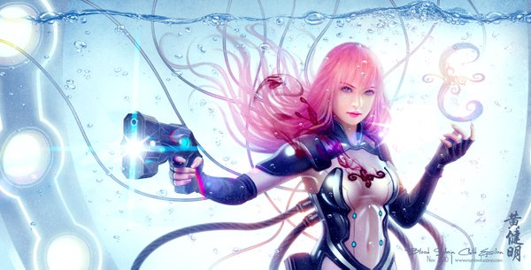 Anime picture 1360x693 with mario wibisono (raynkazuya) single long hair blue eyes wide image pink hair lips realistic inscription light girl fingerless gloves gun pistol pilot suit