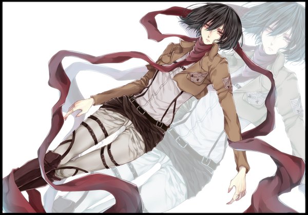 Anime picture 1430x1000 with shingeki no kyojin production i.g mikasa ackerman nuko (62ys18) single short hair black hair red eyes open clothes open jacket zoom layer girl boots belt scarf thigh strap red scarf