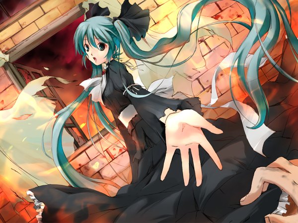 Anime picture 1280x960 with vocaloid hatsune miku ayakaze ryuushou single looking at viewer fringe open mouth hair between eyes twintails very long hair aqua eyes aqua hair outstretched hand girl dress ribbon (ribbons) hair ribbon black dress